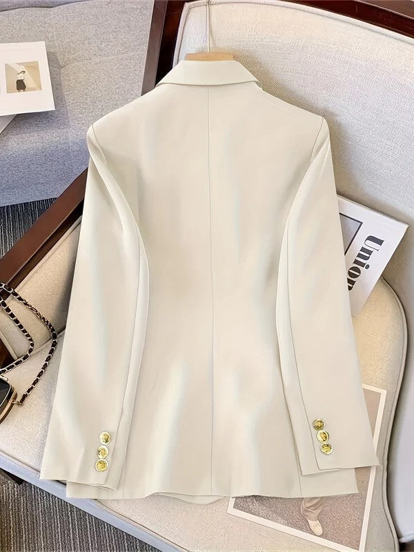 Elegant Double Breasted Blazer for Women with Long Sleeve Peaked Lapel Gold Button