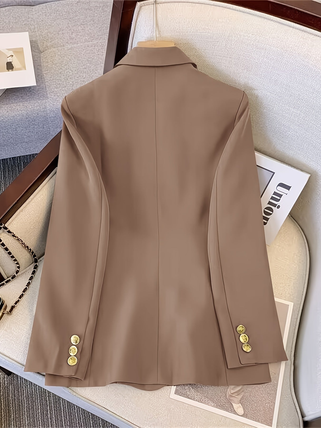 Elegant Double Breasted Blazer for Women with Long Sleeve Peaked Lapel Gold Button