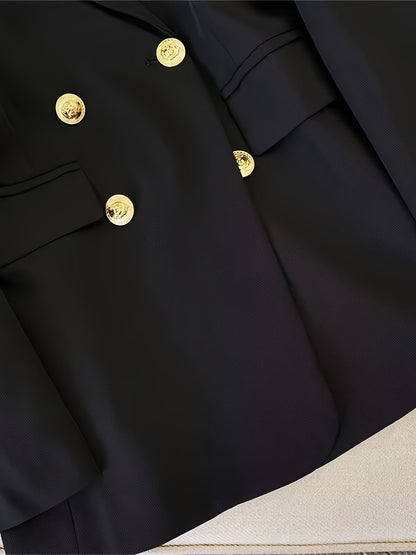 Elegant Double Breasted Blazer for Women with Long Sleeve Peaked Lapel Gold Button