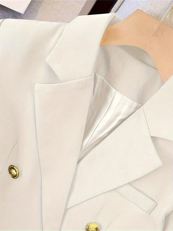 Elegant Double Breasted Blazer for Women with Long Sleeve Peaked Lapel Gold Button