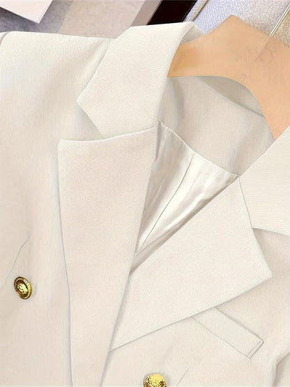 Elegant Double Breasted Blazer for Women with Long Sleeve Peaked Lapel Gold Button