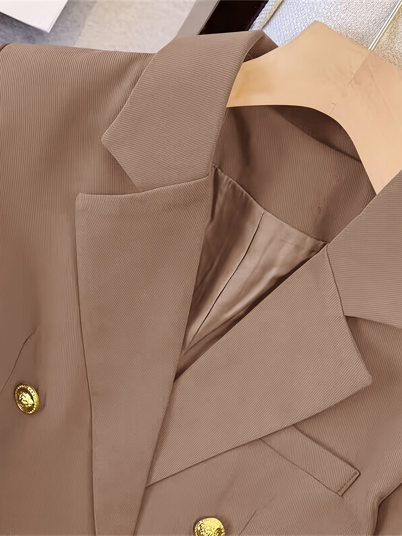 Elegant Double Breasted Blazer for Women with Long Sleeve Peaked Lapel Gold Button