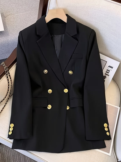 Elegant Double Breasted Blazer for Women with Long Sleeve Peaked Lapel Gold Button
