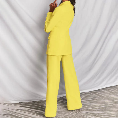Elegant Blazer Pants Suit Set for Women with Plunge Neck Wide Leg Two Piece