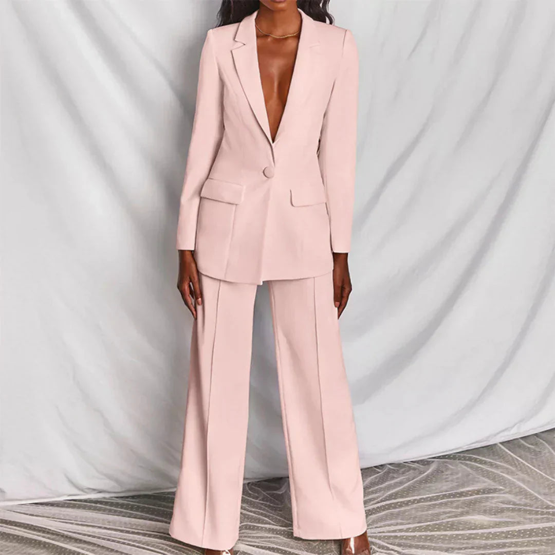 Elegant Blazer Pants Suit Set for Women with Plunge Neck Wide Leg Two Piece