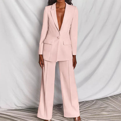 Elegant Blazer Pants Suit Set for Women with Plunge Neck Wide Leg Two Piece