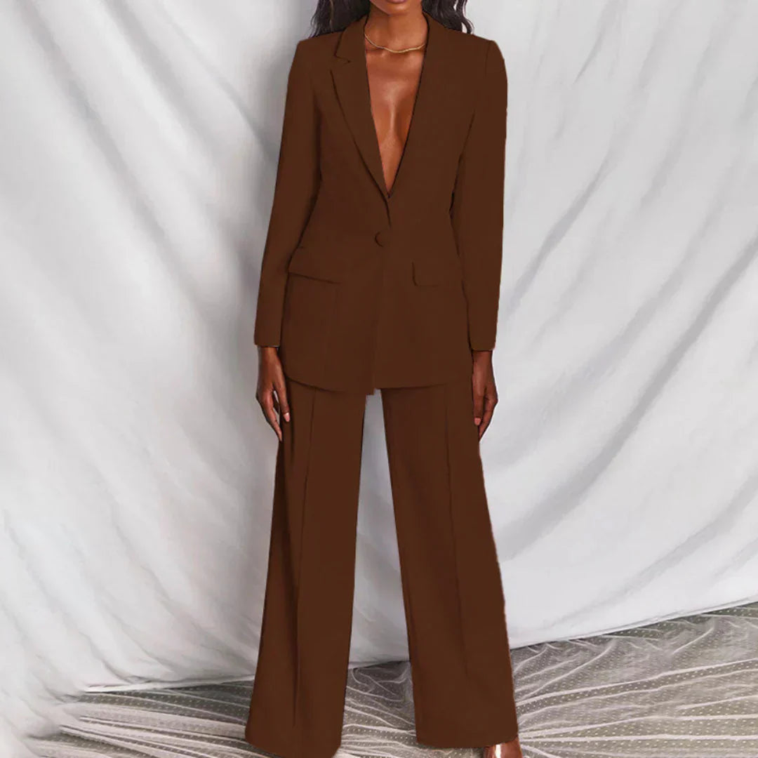 Elegant Blazer Pants Suit Set for Women with Plunge Neck Wide Leg Two Piece