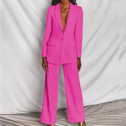 Elegant Blazer Pants Suit Set for Women with Plunge Neck Wide Leg Two Piece