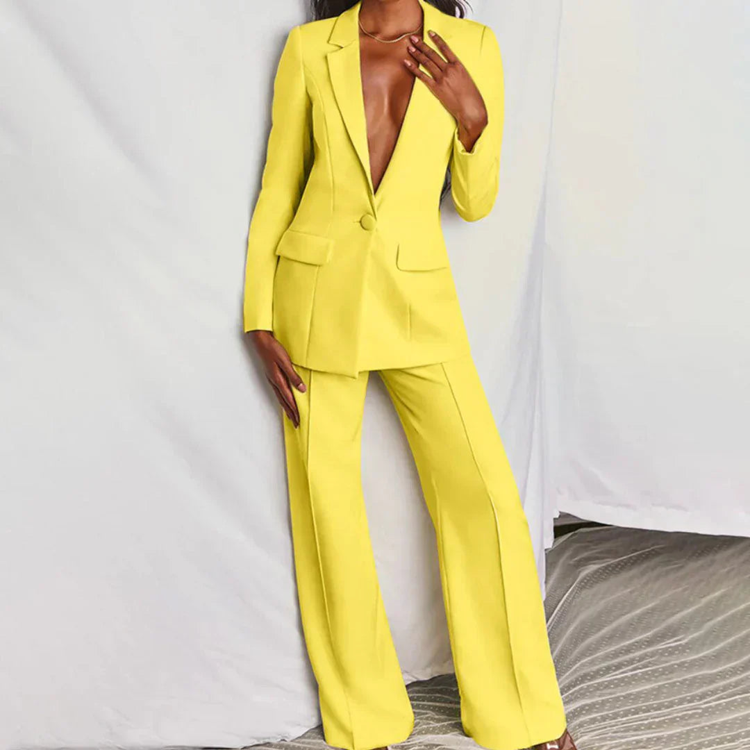 Elegant Blazer Pants Suit Set for Women with Plunge Neck Wide Leg Two Piece