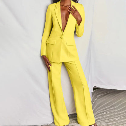 Elegant Blazer Pants Suit Set for Women with Plunge Neck Wide Leg Two Piece