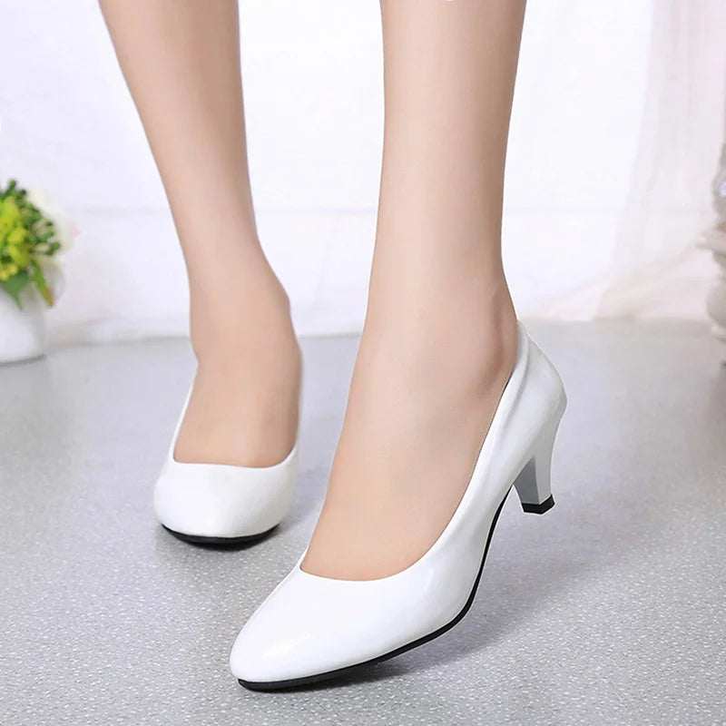 Elegant White Heels for Women with Round Toe Slip On Classic Pump Work Style