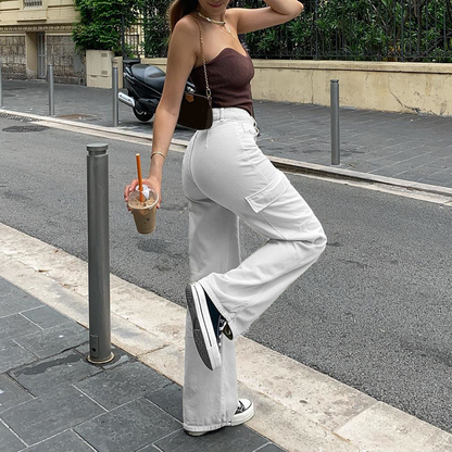 Effortless White Denim Cargo Pants for Women with High Waist Wide Leg Flap Pocket Casual Style