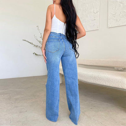 Effortless Blue Wide Leg Jeans for Women with High Waisted Ripped Distressed Relaxed Style