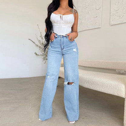 Stylish High Waisted Wide Leg Ripped Jeans for Women with Distressed Cutout Frayed Hem Relaxed Style
