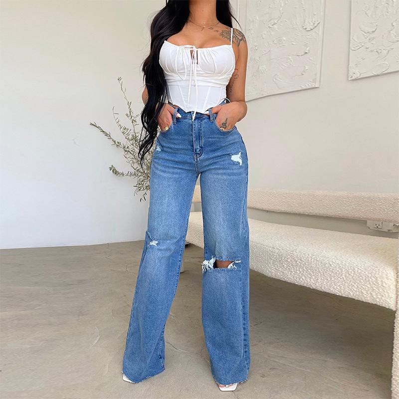 Effortless Blue Wide Leg Jeans for Women with High Waisted Ripped Distressed Relaxed Style