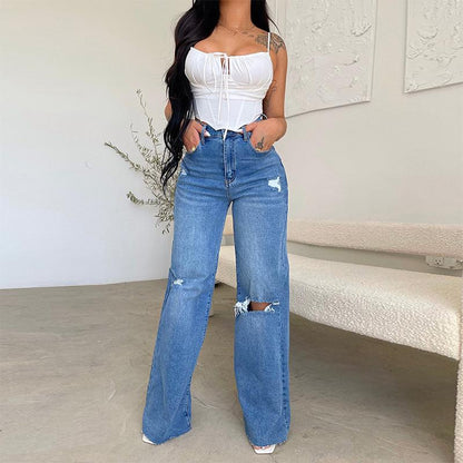 Stylish High Waisted Wide Leg Ripped Jeans for Women with Distressed Cutout Frayed Hem Relaxed Style