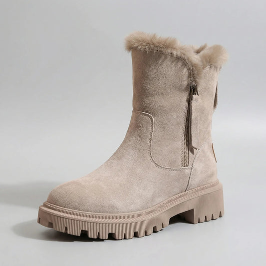 Women's Suede Ankle Winter Snow Boots Fur-Cuffed Side Zip Warm Lined Platform