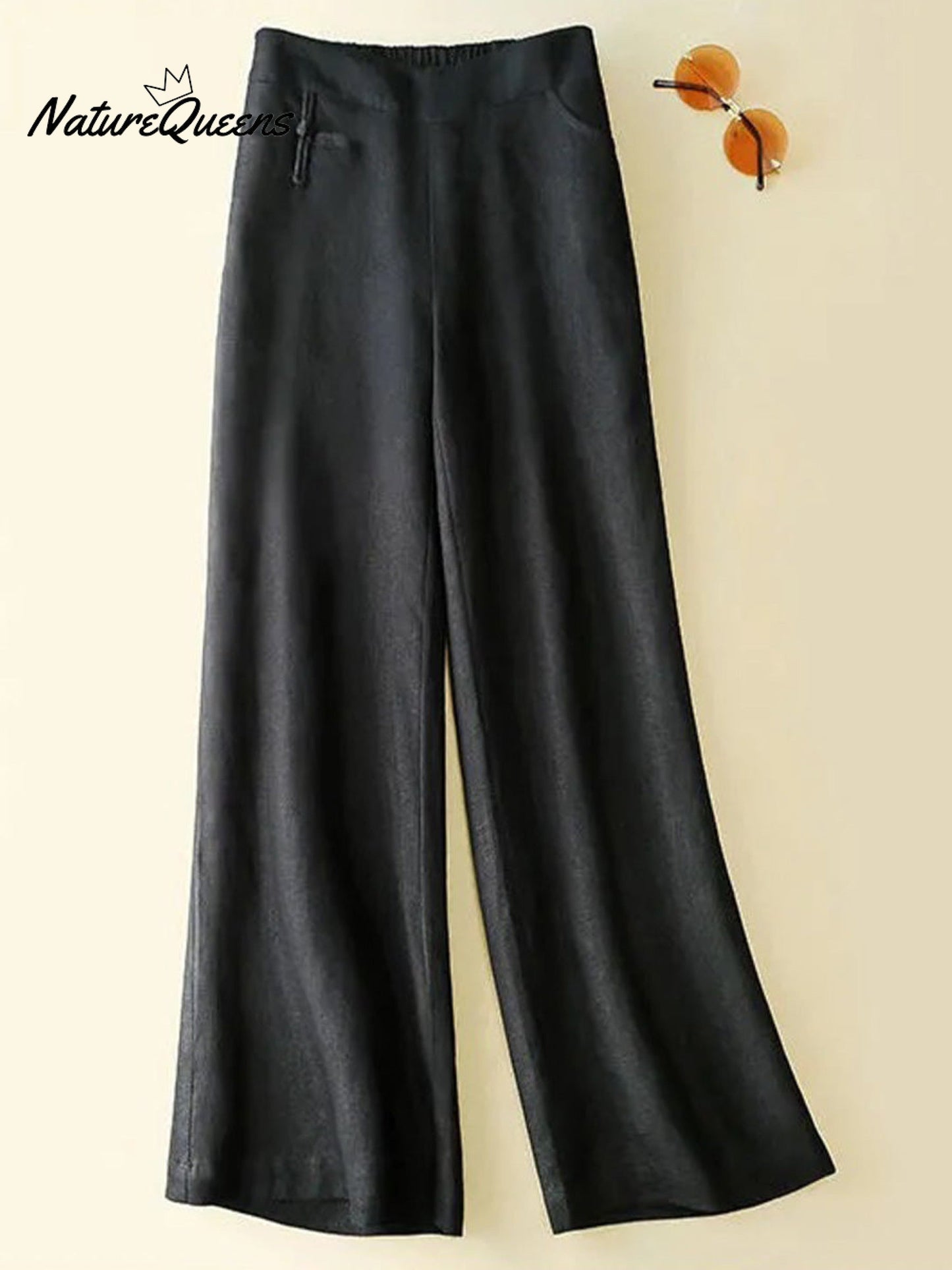 Effortless Linen Wide Leg Pants for Women with Half Elastic High Waist Button Front Pocket Casual Style