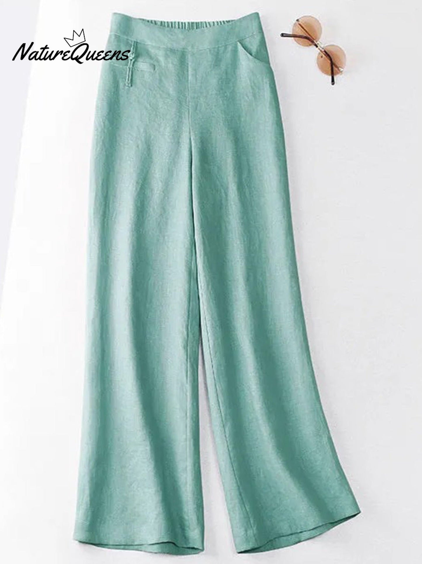 Effortless Linen Wide Leg Pants for Women with Half Elastic High Waist Button Front Pocket Casual Style