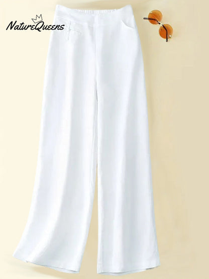 Effortless Linen Wide Leg Pants for Women with Half Elastic High Waist Button Front Pocket Casual Style