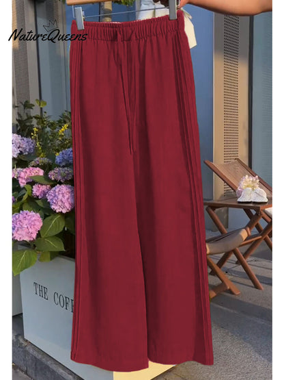 Effortless Linen Wide Leg Pants for Women with Elastic Drawstring High Waist Flowing Casual Style