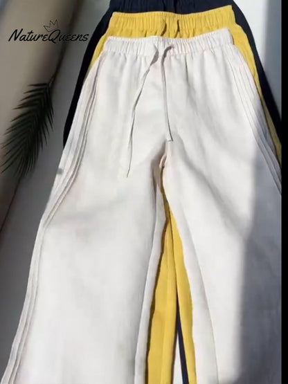Effortless Linen Wide Leg Pants for Women with Elastic Drawstring High Waist Flowing Casual Style