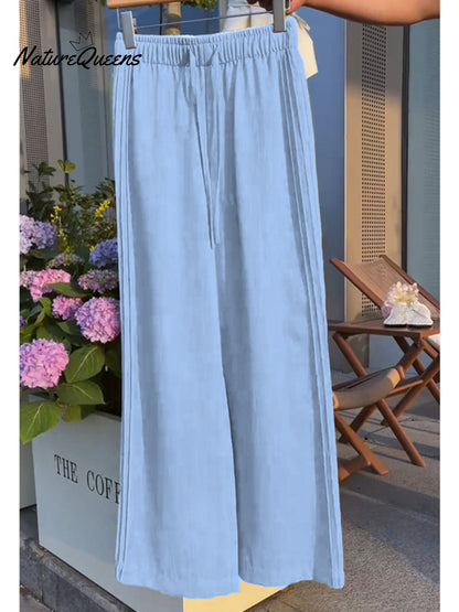 Effortless Linen Wide Leg Pants for Women with Elastic Drawstring High Waist Flowing Casual Style