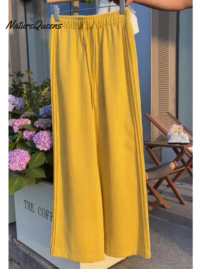 Effortless Linen Wide Leg Pants for Women with Elastic Drawstring High Waist Flowing Casual Style