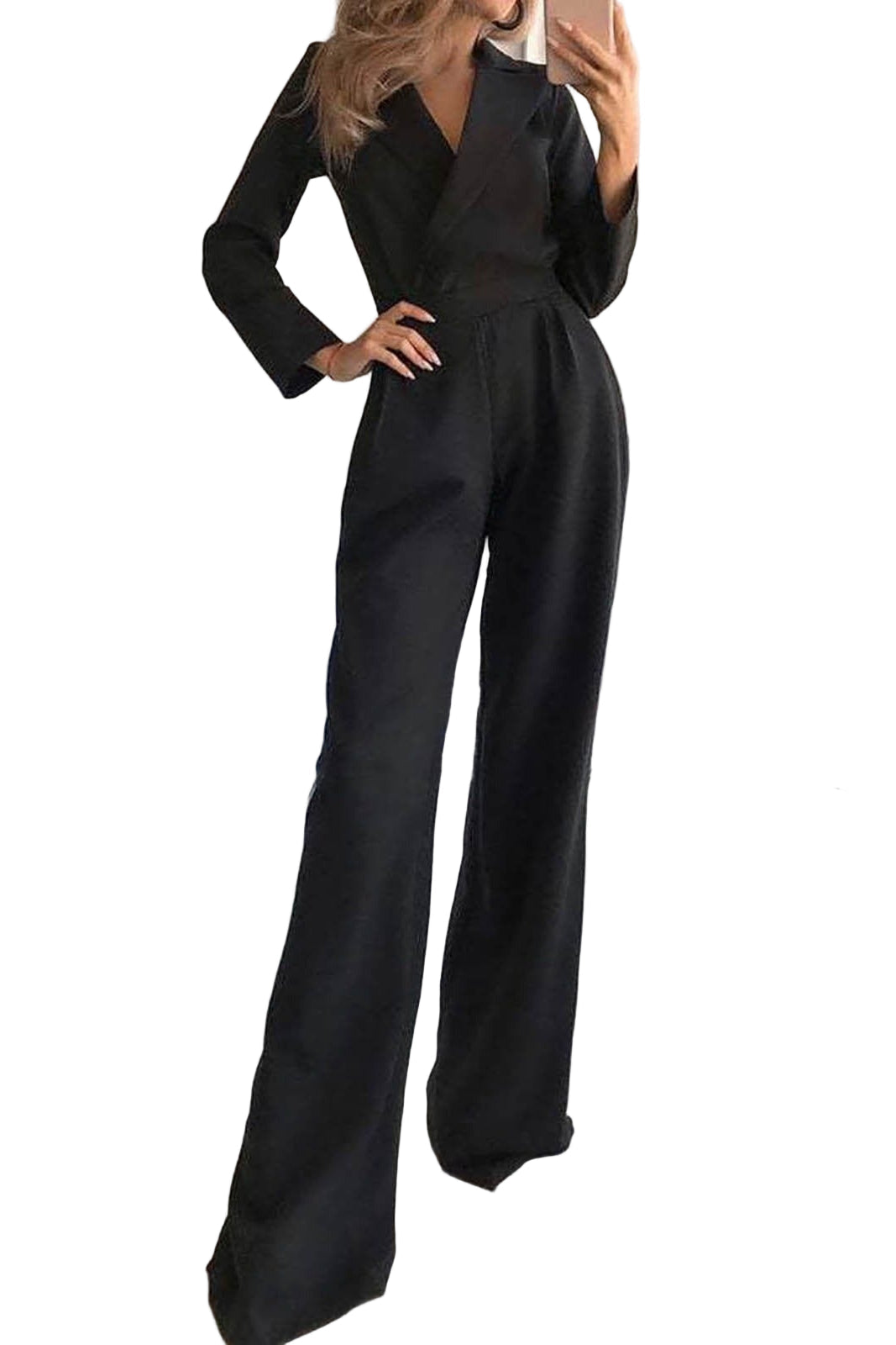 Elegant Tailored Jumpsuit for Women with Lapel Collar Long Sleeve Wide Leg Belted Formal Style