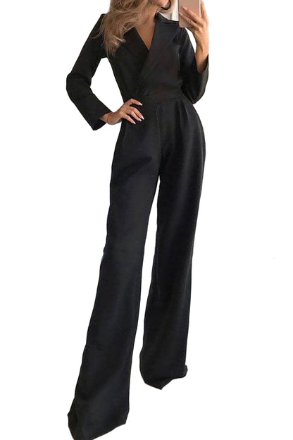 Elegant Tailored Jumpsuit for Women with Lapel Collar Long Sleeve Wide Leg Belted Formal Style