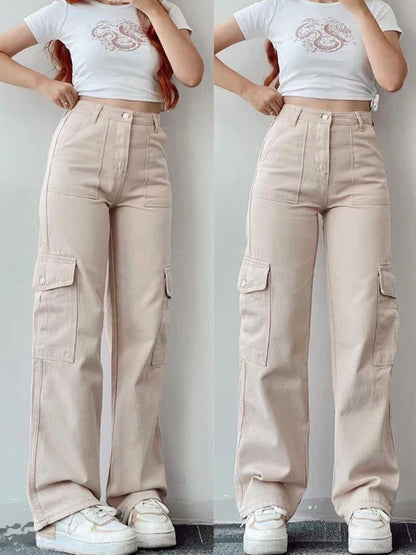 Effortless Wide Leg Cargo Pants for Women with High Waist Pleated Flap Pocket Relaxed Casual Style