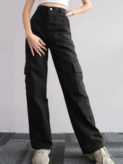 Effortless Wide Leg Cargo Pants for Women with High Waist Pleated Flap Pocket Relaxed Casual Style