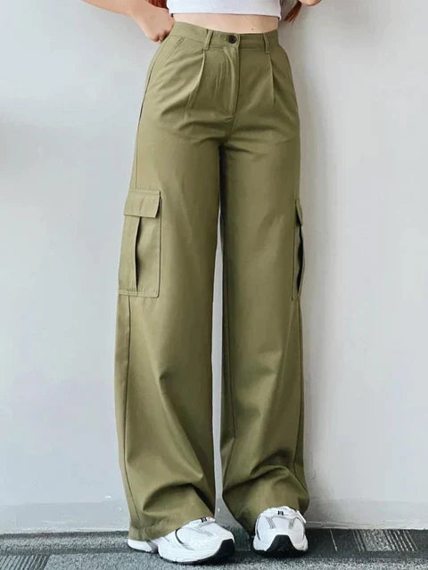 Effortless Wide Leg Cargo Pants for Women with High Waist Pleated Flap Pocket Relaxed Casual Style