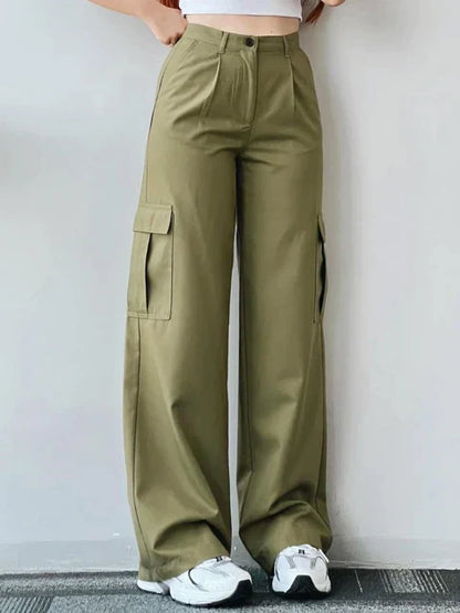 Effortless Wide Leg Cargo Pants for Women with High Waist Pleated Flap Pocket Relaxed Casual Style