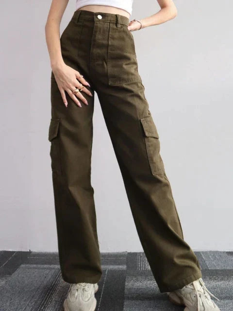 Effortless Wide Leg Cargo Pants for Women with High Waist Pleated Flap Pocket Relaxed Casual Style