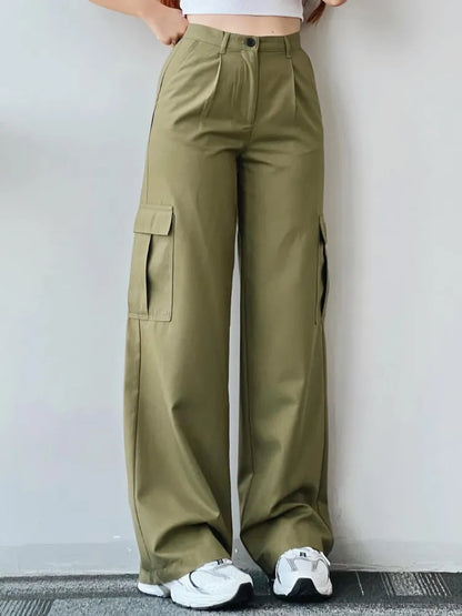 Effortless Wide Leg Cargo Pants for Women with High Waist Pleated Flap Pocket Relaxed Casual Style
