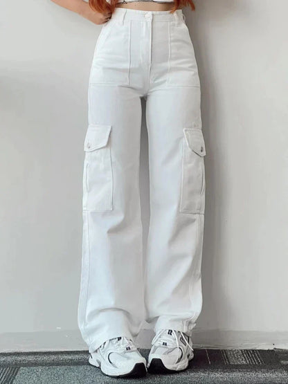 Effortless Wide Leg Cargo Pants for Women with High Waist Pleated Flap Pocket Relaxed Casual Style