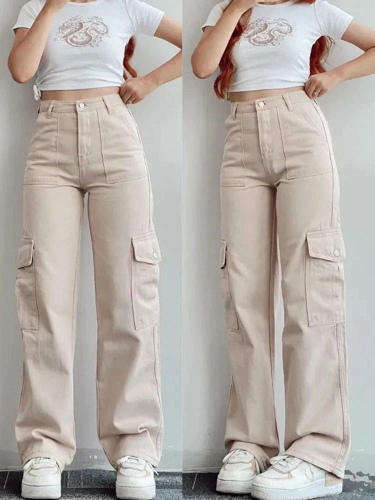 Effortless Wide Leg Cargo Pants for Women with High Waist Pleated Flap Pocket Relaxed Casual Style