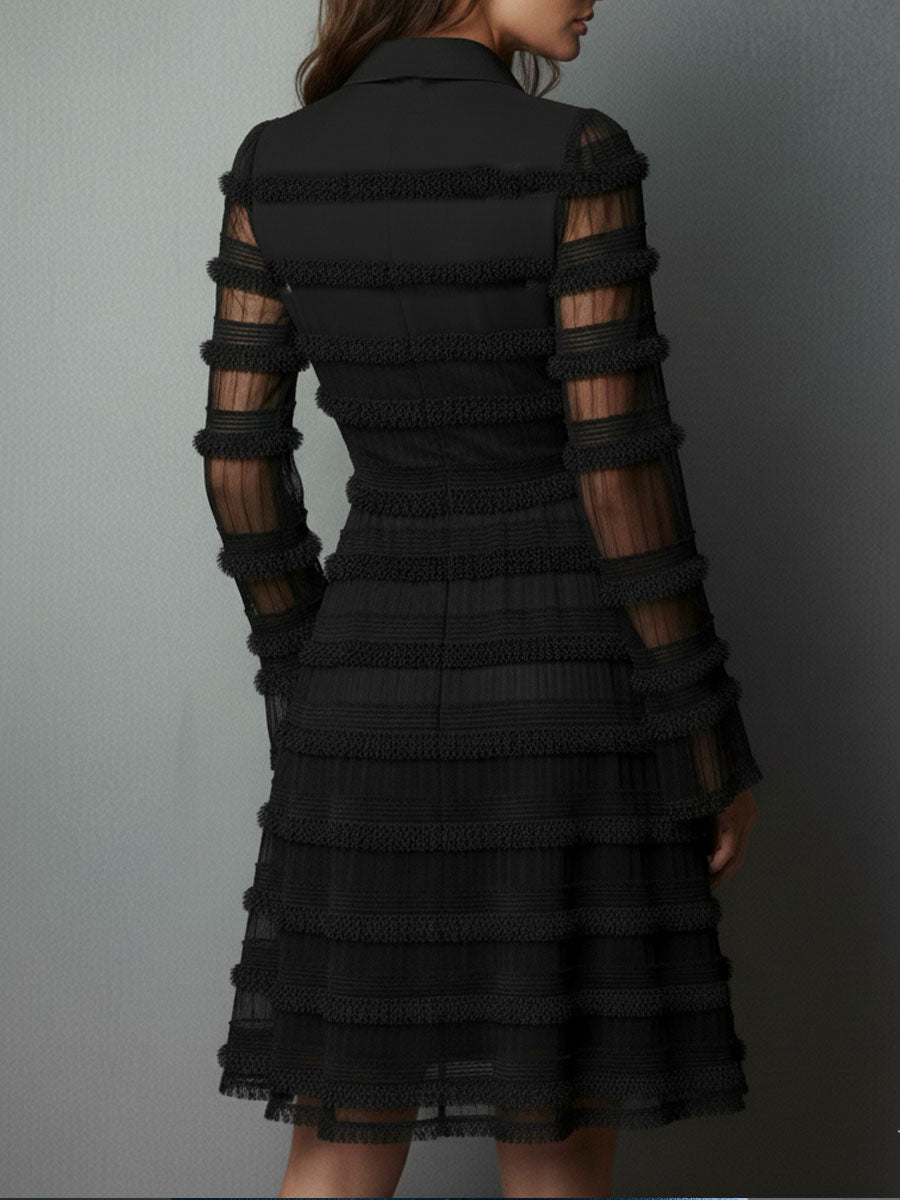 Elegant Black Formal Dress for Women with Tiered Fringe and Sheer Sleeves