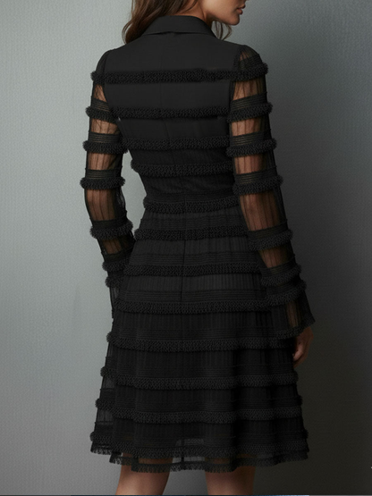 Elegant Black Formal Dress for Women with Tiered Fringe and Sheer Sleeves