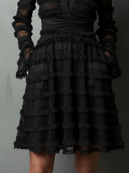 Elegant Black Formal Dress for Women with Tiered Fringe and Sheer Sleeves