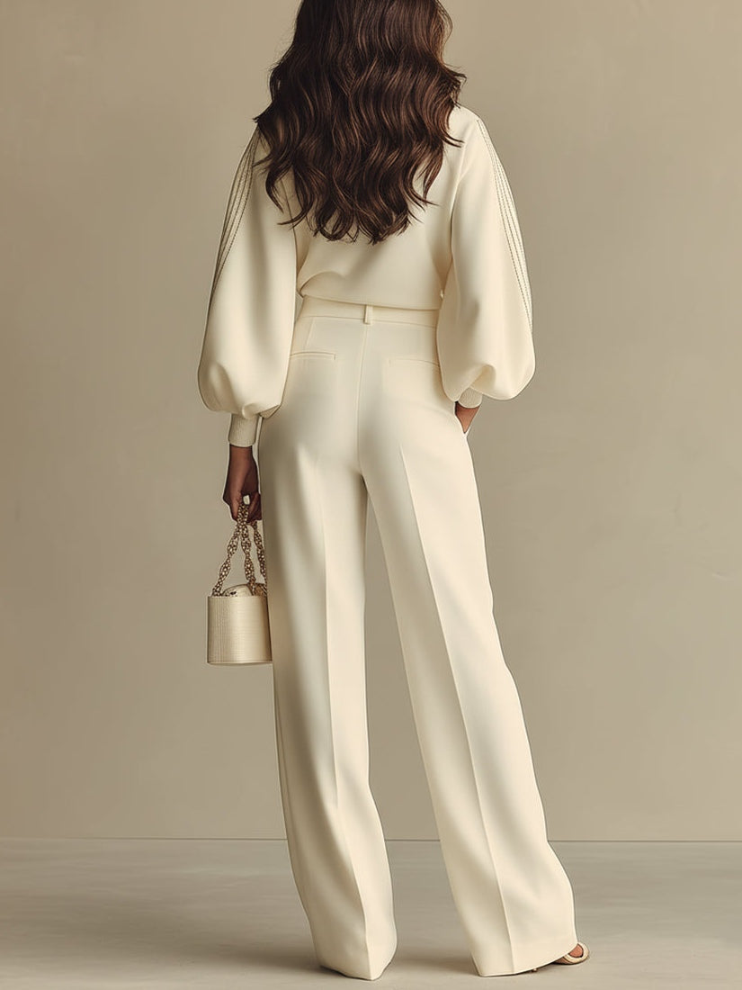Elegant Cream Wide Leg Two Piece Set for Women with Lantern Sleeve Knit Top