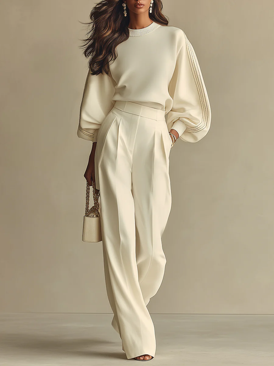 Elegant Cream Wide Leg Two Piece Set for Women with Lantern Sleeve Knit Top