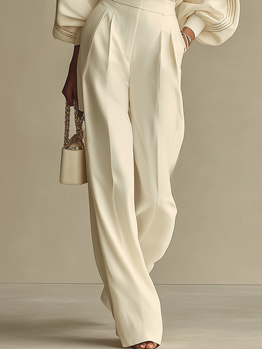 Elegant Cream Wide Leg Two Piece Set for Women with Lantern Sleeve Knit Top