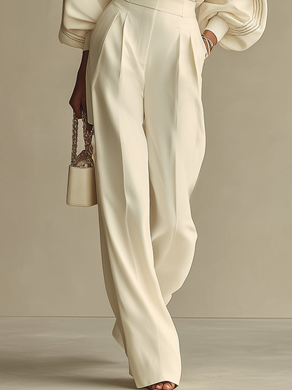 Elegant Cream Wide Leg Two Piece Set for Women with Lantern Sleeve Knit Top