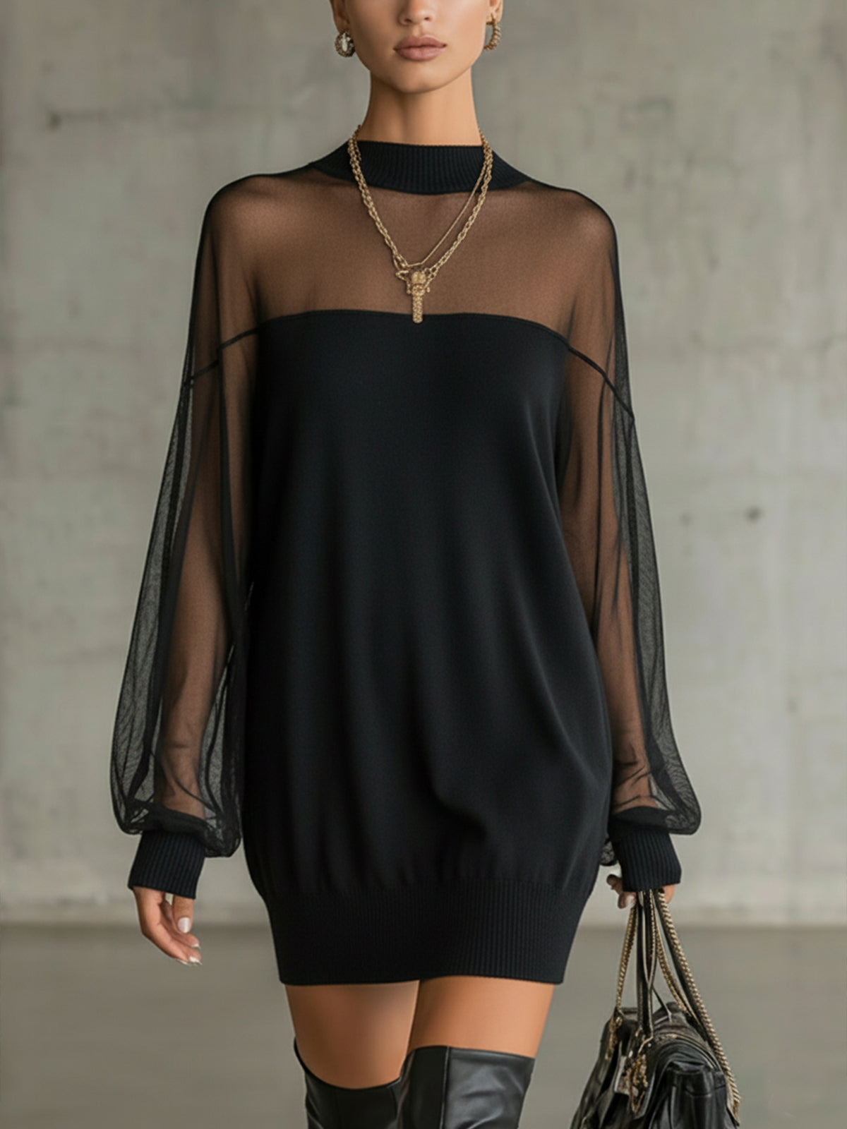 Elegant Black Mini Dress for Women with Sheer Mesh Sleeves and Mock Neck