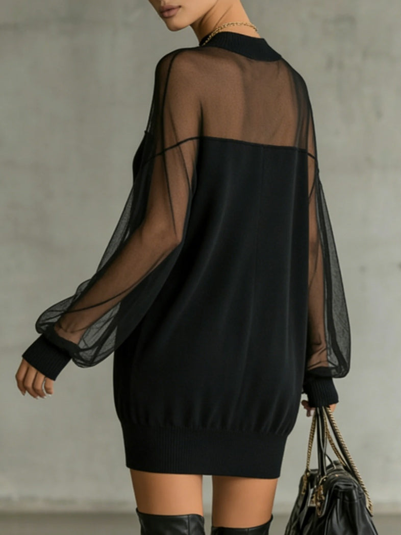 Elegant Black Mini Dress for Women with Sheer Mesh Sleeves and Mock Ne – A Flair Boutique