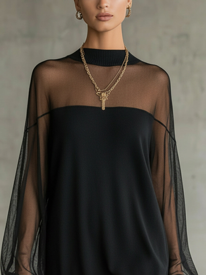 Elegant Black Mini Dress for Women with Sheer Mesh Sleeves and Mock Neck