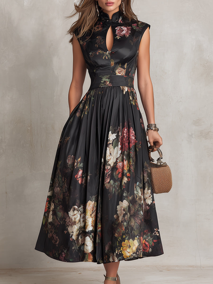 Elegant Black Floral Dress for Formal Wedding Guest Style with A Line Midi Skirt