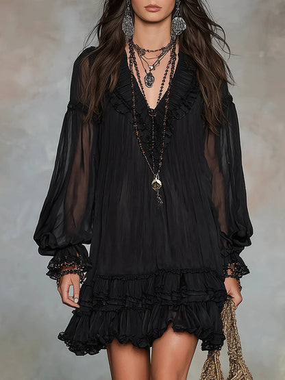 Effortless Black Mini Dress for Women in Boho Ruffle Chiffon Style